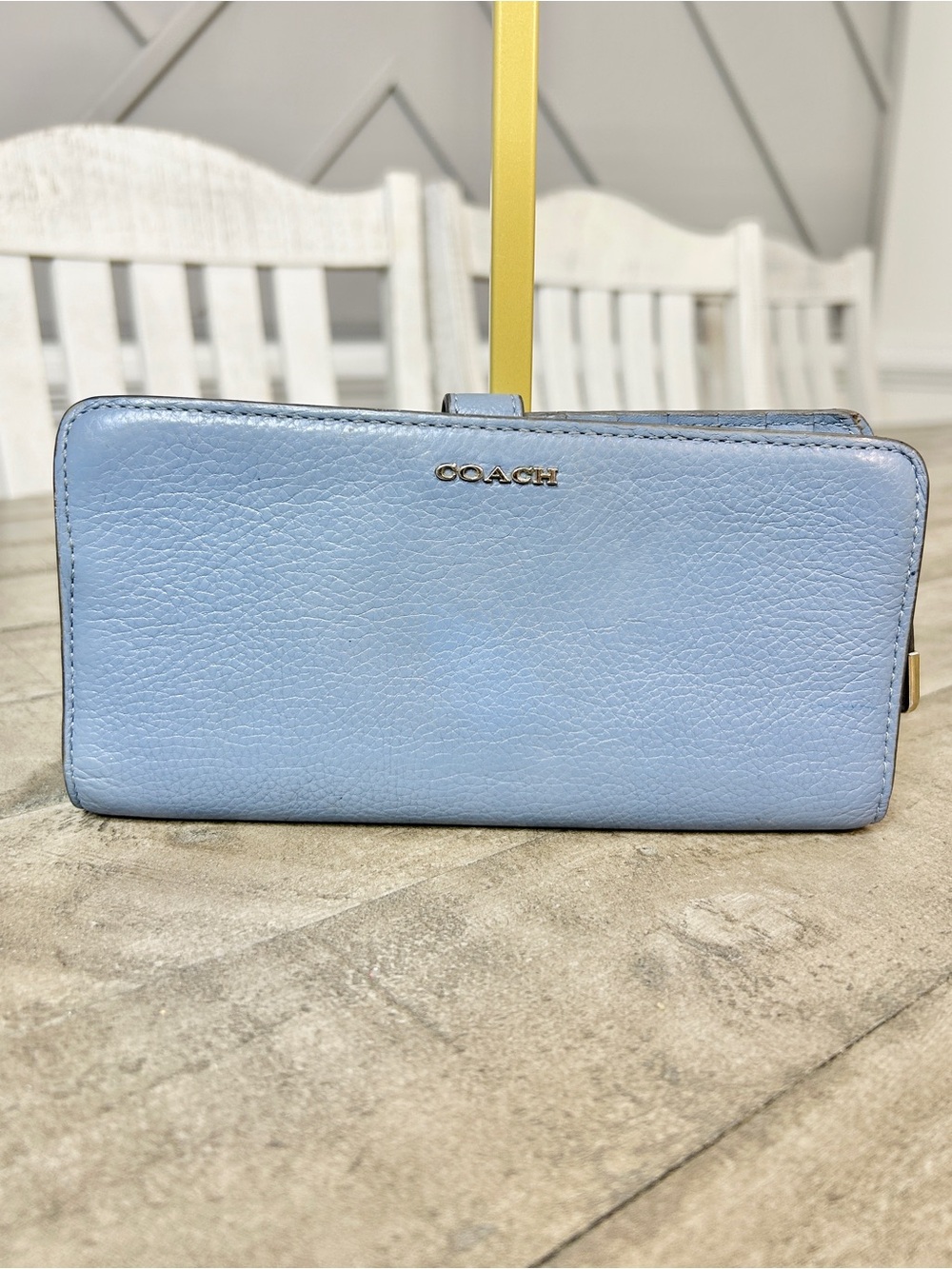 Coach Light Blue Pebbled Leather Tab Snap Wallet ID Window Zip Pocket Gold